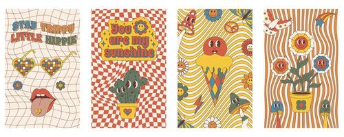 groovig Plakate. einstellen von Plakate im modisch retro trippy Stil. Hippie 60er, 70er Jahre Stil. vektor