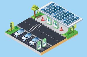 isometrisch Laden elektrisch Autos beim Maut Straße sich ausruhen Bereich mit schnell Kompressor Stationen und viele Laden Punkte. Fahrzeuge beim verlängerbar Solar- Panel Energie Batterie Lager Bahnhof auf Gitter Netzwerk. vektor