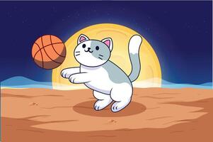 süß Katze spielen Basketball auf äußere Raum Planet mit Basketball Pole Karikatur Vektor Symbol Illustration, con Konzept isoliert Prämie Vektor. geeignet zum Infografiken und Buch Bild Illustration