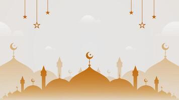 eben und einfach Licht Gold leer horizontal Vektor Hintergrund mit islamisch Landschaft von Kuppeln und Moschee Formen Silhouette und hängend Sterne Ornament