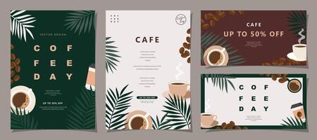 uppsättning av skiss banderoller med kaffe bönor och löv på minimal bakgrund för inbjudningar, kort, baner, affisch, omslag, Kafé meny eller annan mall design. vektor illustration.