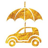 Hand gezeichnet Auto und Regenschirm Symbol im Gold vereiteln Textur Vektor Illustration