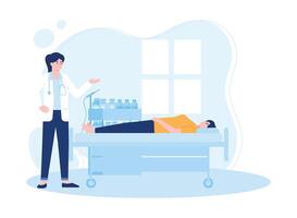 kvinna liggande i sjukhus säng och läkare granskning. patient samråd. begrepp platt illustration vektor
