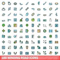100 lindning väg ikoner uppsättning, Färg linje stil vektor
