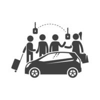 Gruppe von Menschen und ein Fahrzeug. Auto Teilen Konzept. Vektor Illustration.