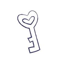 vektor illustration av hjärta nyckel, kärlek symbol. träkol krita hand dragen design. isolerat översikt element på en vit bakgrund för bröllop och valentines dag begrepp