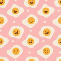 gebraten Eier mit Lächeln Emoticon und Punkte nahtlos Muster. komisch Vektor Formen auf Rosa Hintergrund. Hintergrund mit Karikatur Farbe Symbole zum Design und Animationen.