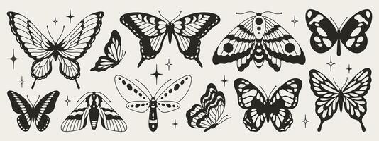fjäril sjunde uppsättning av svart och vit vingar i de stil av vågig rader och organisk former. y2k estetisk, tatuering silhuett, hand dragen klistermärken. vektor grafisk i trendig retro 2000-talet stil