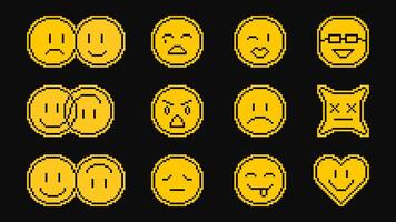 Pixel Emoji Lächeln Pack. verschiedene Pixel Kunst lächelt mit Lachen oder Liebe Emotionen, kombiniert Gesichter, Botschaft Plaudern Emoticons und Ausdruck lächelt, Vektor Aufkleber. 8 Bit Acid Stil pixelig Emoji Gesicht