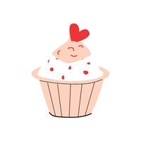 Weiß Cupcake mit Rosa Sahne und rot Herz. Vektor Illustration können benutzt zum Gruß Karte, Feier Banner, Etikett, Hochzeit Karte.