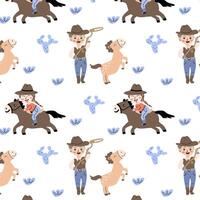 kindisch Junge und Mädchen Western Muster zum Kinder. Vektor Illustration mit Karikatur Baby und Tiere. können benutzt zum Cowboy Party Poster, Hintergrund, Textil- Design. Karikatur Zeichen im wild Westen Kleidung.