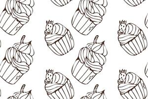 Hand gezeichnet Cupcake Gliederung Hintergrund mit Erdbeere und Plätzchen. Vektor Illustration isoliert. Muster können benutzt zum Gruß Karte, Einladung, Speisekarte Hintergrund, Poster, Textil, Verpackung Papier, Feier Banner