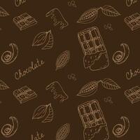 Kakao Bohnen Gekritzel skizzieren und Schokolade dunkel Hintergrund. Vektor Illustration isoliert. Hand gezeichnet Gliederung Vektor Illustration. geeignet zum Verpackung, Verpackung, Poster. Schokolade geschnitten, Chips und Süßigkeiten.