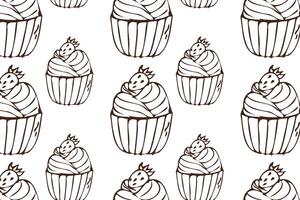 Hand gezeichnet Cupcake mit Sahne und Erdbeere Gliederung Hintergrund. Vektor Illustration isoliert. Muster können benutzt zum Gruß Karte, Einladung, Speisekarte Hintergrund, Poster, Textil, Verpackung Papier, Feier Banner