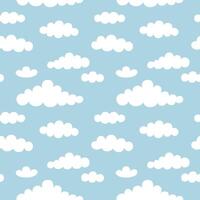 süß Karikatur Weiß Wolke auf Pastell- Blau Himmel Hintergrund. wolkig Himmel nahtlos Muster Vektor. minimal Hintergrund. Design zum Stoff, Kind Tuch, Shirt, Rock, Kleid, Schal, Bettdecke, Schlafanzug, drucken, Papier. vektor