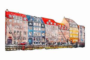 Kopenhagen Dänemark Aquarell Hand gezeichnet Illustration isoliert auf Weiß Hintergrund vektor