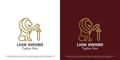 svärd lejon logotyp design illustration. silhuett av vild djur- maskot lejon kunglig huggtänder klor svans våldsam majestät monark. enkel minimal minimalistisk heraldisk lyx elegant vapen kejserlig ikon. vektor