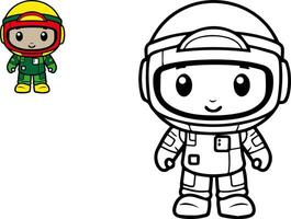 söt tecknad serie astronaut. svart och vit vektor illustration med färgrik prov. för färg bok