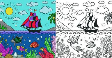 färg bok med segelbåt och fisk med färgrik prov , vektor tecknad serie illustration