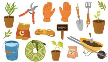 Garten Artikel. Landwirtschaft Werkzeug. Bauernhof oder Pflanzen Ausrüstung mit Pflanzen, Samen, Eimer, Sämling, Töpfe, Handschuhe. eben Karikatur Vektor Illustration.