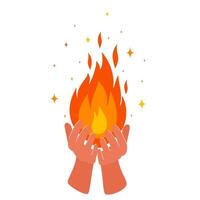 Hände halt das Flamme von Feuer. Symbol von Licht, Liebe, Freundlichkeit, Sieg. Vektor Illustration auf isoliert Hintergrund.