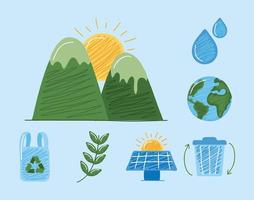 Landschaftsberge mit nachhaltigen Symbolen vektor