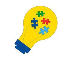 gul ljus Glödlampa med pussel inuti. vektor illustration för värld autism medvetenhet dag begrepp. design element för kort, gräns, banderoller, affischer, tryckt Produkter, kort, flygblad, mönster, täcker.