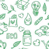 ekologi sömlös mönster. ritad för hand klotter vektor illustration. ekologi problem, återvinning och grön energi ikoner. miljö- symboler.