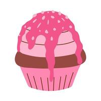 Schokolade Cupcake mit Rosa ausgepeitscht Creme, Rosa Schokolade, Essen Vektor Illustration, gebacken Süßigkeiten, eben Stil Muffin
