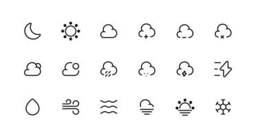 väder linje ikoner uppsättning. Sol, regn, åska storm, dagg, vind, snö moln, natt himmel minimal vektor illustrationer.