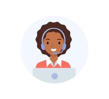 avatar av de ring upp Centrum operatör. afrikansk amerikan flicka bär i hörlurar, de begrepp av uppkopplad kund Stöd. vektor illustration i platt stil.