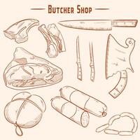 kött verktyg, kött och korvar illustration, teckning, etsning, bläck linje konst vektor