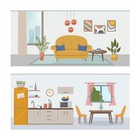 Wohnung innen. einstellen mit Innere, Küche und Leben Zimmer. möbliert Räume. eben Vektor Illustration von Räume mit Möbel.