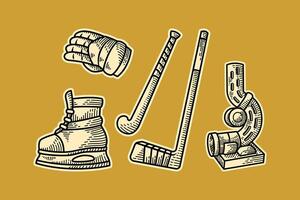 hockey Utrustning klotter illustration med hockey puck, pinne, handske, kastare och is skridsko vektor