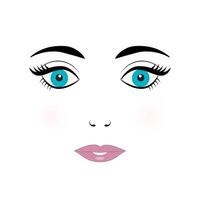süß jung Frau Gesicht Vektor Illustration. Puppe Gesicht mit Blau Augen, Wimpern, Augenbrauen und Rosa Lippen auf Weiß Hintergrund.