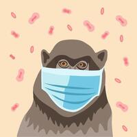 Vektor isoliert Illustration von ein Affe im ein Maske mit Affenpocken Bakterien. Pocken Pandemie.
