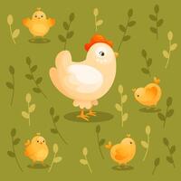 mor höna med liten gul kycklingar på en promenad. vektor