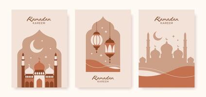 samling av boho estetisk ramadan kareem affischer. islamic minimalistisk modern design mallar. vektor illustration