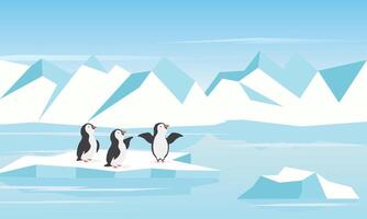 arktisk landskap med pingviner, isberg, och snö. vektor illustration.