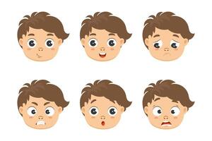 einstellen von Porträts von süß Gesichter von Jungs mit anders Emotionen. Illustration, Karikatur Stil, Vektor