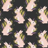 nahtlos Muster, süß Ostern Hasen und Frühling Blumen auf ein dunkel Hintergrund. Urlaub drucken, Illustration, Hintergrund, Vektor