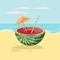 sommar uppfriskande frukt cocktail i en vattenmelon med en cocktail paraply och en sugrör på de hav strand. illustration, vykort, vektor