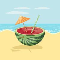 Sommer- erfrischend Obst Cocktail im ein Wassermelone mit ein Cocktail Regenschirm und ein Stroh auf das Meer Strand. Illustration, Postkarte, Vektor