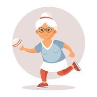 Lycklig gammal lady mormor håller på med sporter, yoga, gående. äldre människor tränar. platt illustration i tecknad serie stil, vektor