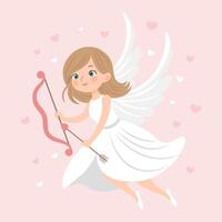 söt cupid flicka med rosett och pil, ängel flicka, kerub. hjärtans dag kort, pastell färger. vektor illustration i platt tecknad serie stil
