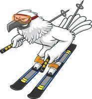 Winter Falke Vogel süß Karikatur Charakter mit Ski und Stangen geht runter. Vektor Illustration isoliert auf Weiß Hintergrund