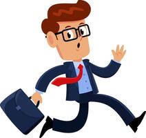 Geschäftsmann Karikatur Charakter Laufen mit Aktentasche und winken. Vektor Illustration eben Design