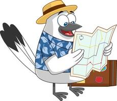Schnee Vogel süß Karikatur Charakter mit Koffer halten ein Karte. Vektor Illustration isoliert auf Weiß Hintergrund