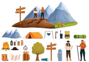 Mann Trekking Reise Symbole einstellen Karikatur Vektor. Tourist Karte vektor