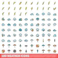 100 väder ikoner uppsättning, Färg linje stil vektor